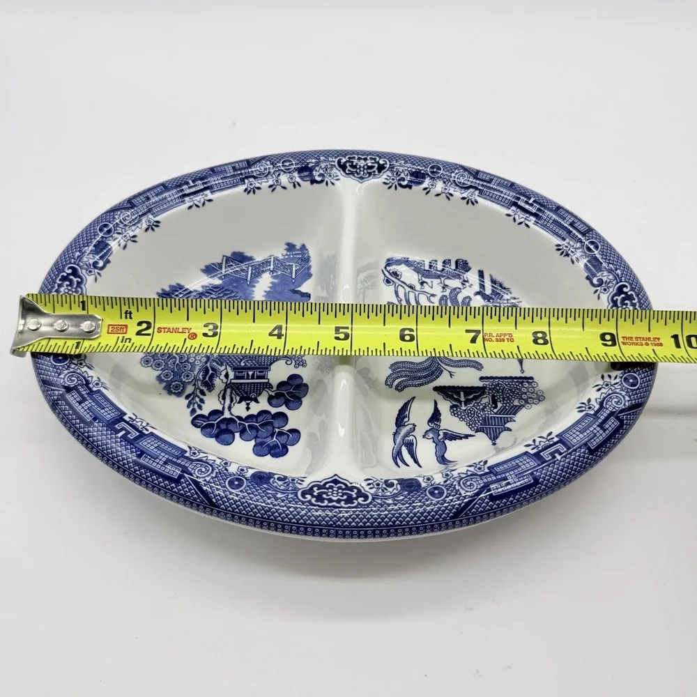 Vtg Churchill of England Blue Willow Divided‎ Oval Vegetable Serving Dish Bowl